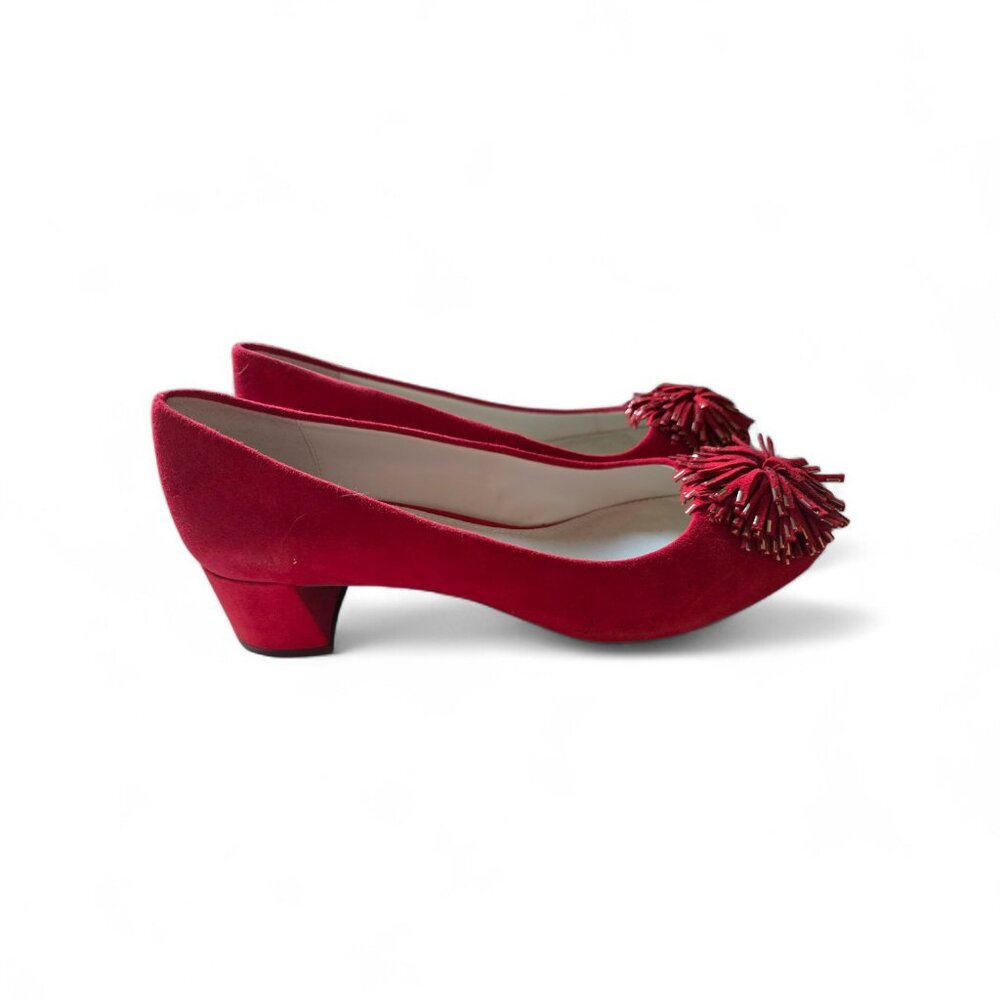 NWOB Anne Klein Red Suede Cocktail Heels - Gold Metallic Trim & Pom-Pom - Picture 4 of 5